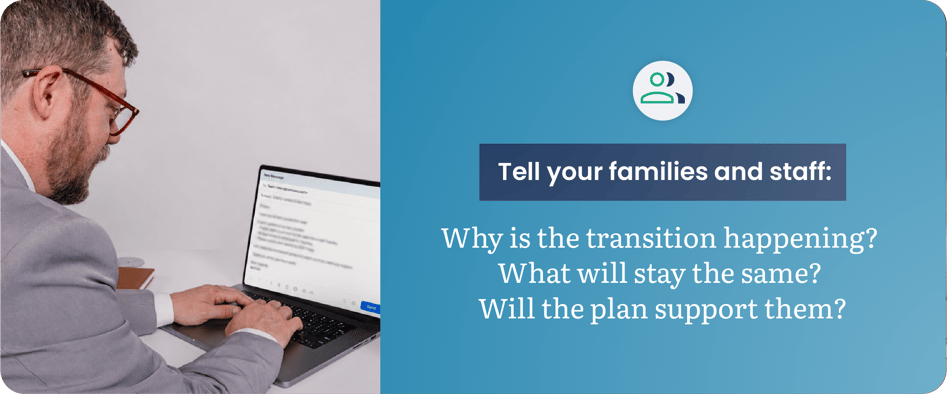 Funeral home owner communicating succession plan to staff and families — why the transition is happening, what stays the same, and how the plan supports them