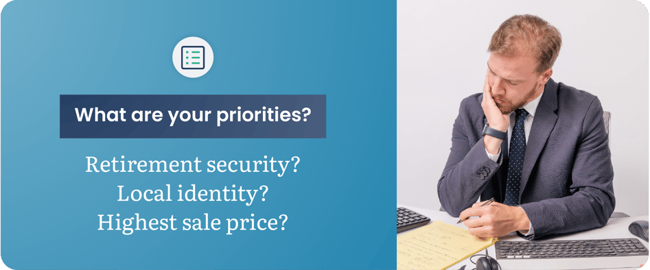 Funeral home owner ranking succession planning priorities — retirement security, local identity, and highest sale price